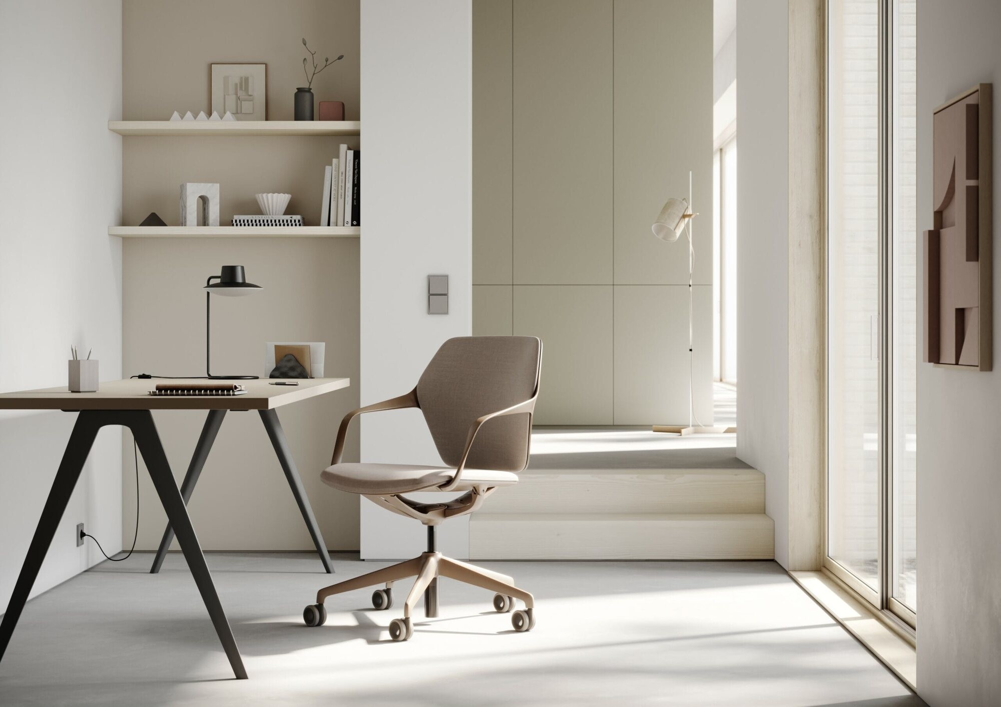 Ray Work Chair with upholstered seat and back at a desk